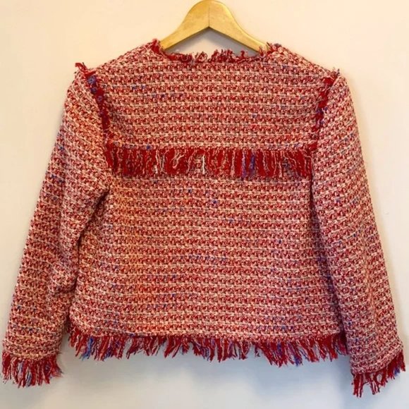 ZARA Boho blazer jacket frayed fringe tweed influencer fave red white sz medium - Picture 6 of 8